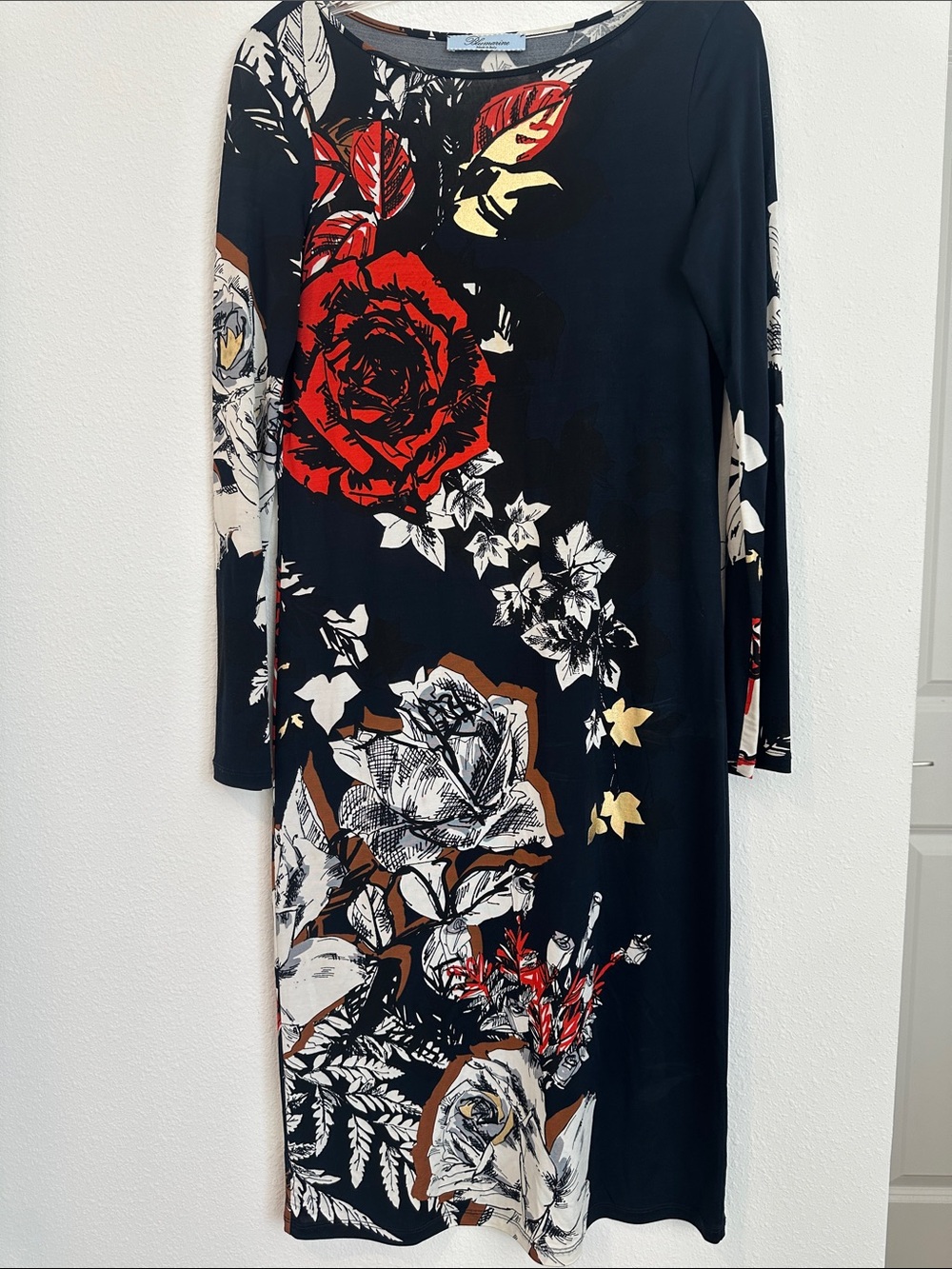 Blumarine Black Floral Long-Sleeve Midi Dress with Red Rose